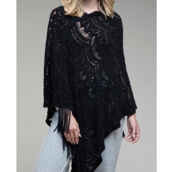 NEW Ruggine Black Fringe Poncho Spring Summer Fall Lightweight Thin Top - Picture 1 of 6